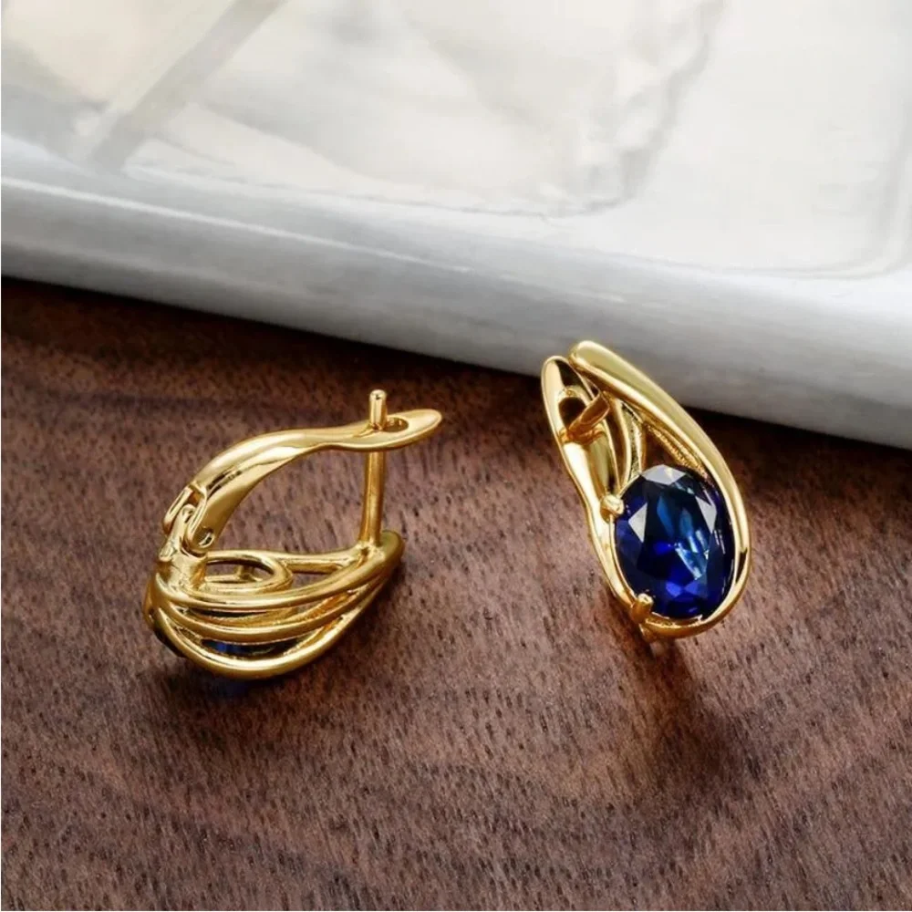 New 18k Yellow Gold Over Silver Blue Sapphire Huggie Studs